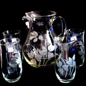 Vintage Set NWT Handblown Turkish Glass Pitcher and Four Drinking Glasses Floral